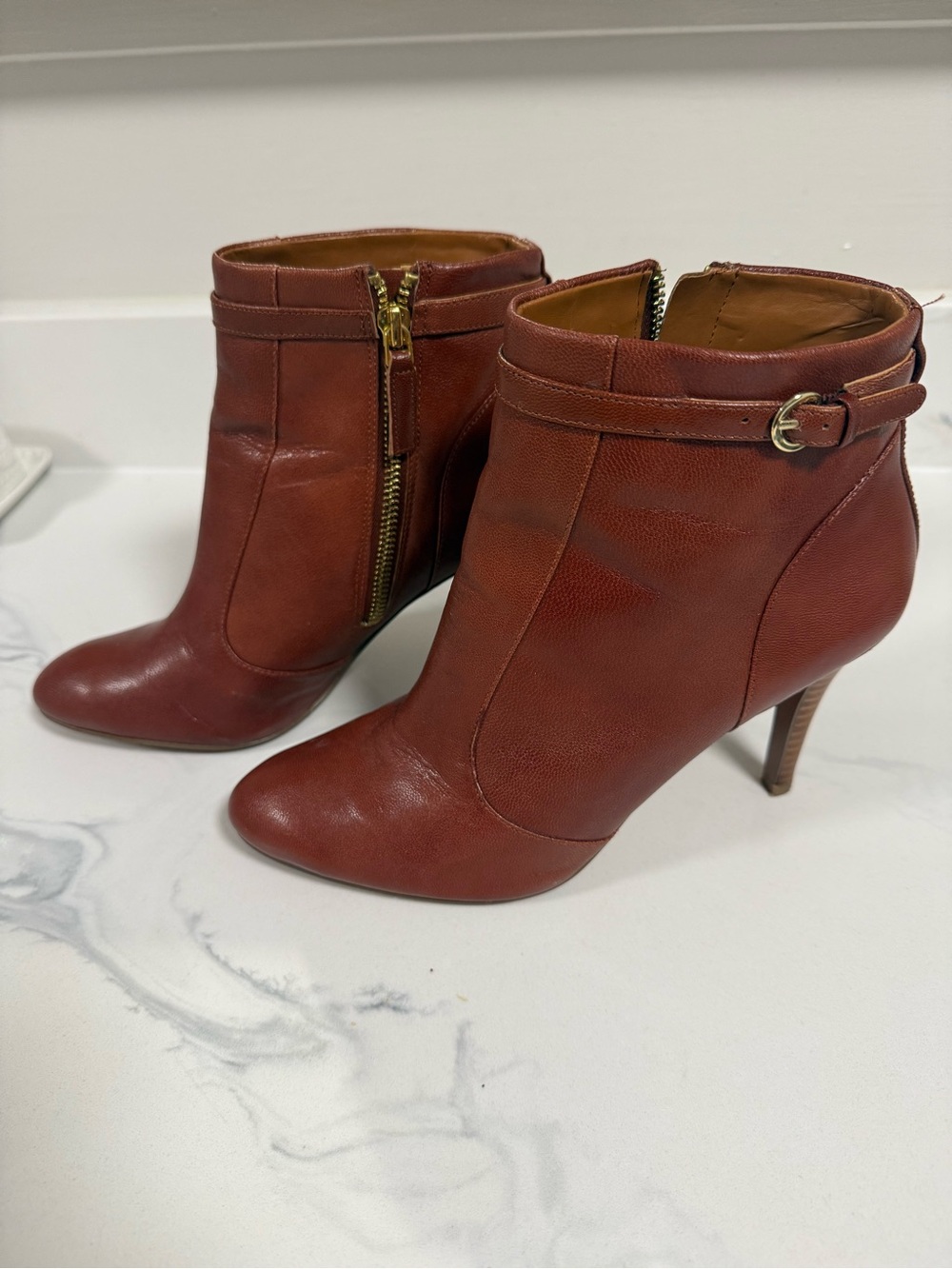 Nine West Cognac Leather High-Heel Ankle Booties with Gold Zippers - Picture 3 of 7